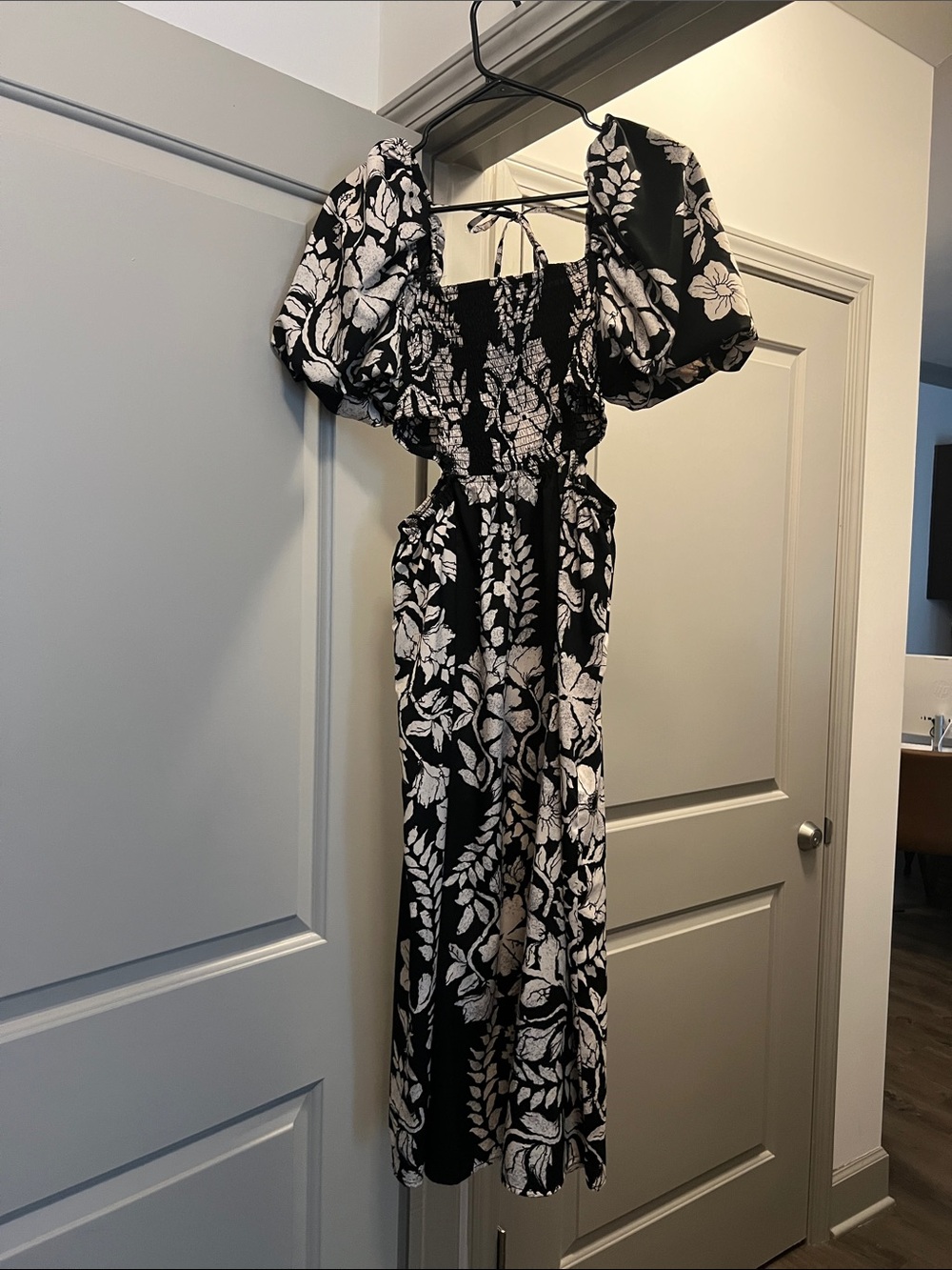 Black Floral Puff-Sleeve Midi Dress with Smocked Bodice